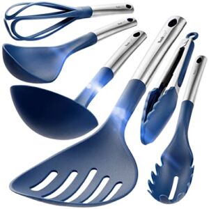 Wanbasion Large Navy Blue Kitchen Utensils Set Stainless Steel, Heat Resistant Kitchen Cooking Utensils, Nylon Kitchen Cooking Utensils Set for Nonstick Cookware