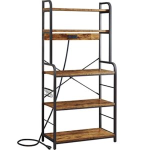 SUPERJARE Kitchen Bakers Rack with Power Outlet, 65″ H 5-Tier Microwave Stand with Storage, 31.5”W Kitchen Shelf Organizer, Coffee Bar Table Station, 6 Side Hooks, Metal Frame – Rustic Brown