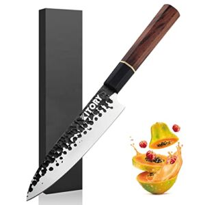 Japanese Chef Knife 6 inch, handmade forging kitchen knife, 9CR18MOV Clad Steel Octagon Wooden Handle, for Home&Restuarant with Gift Box