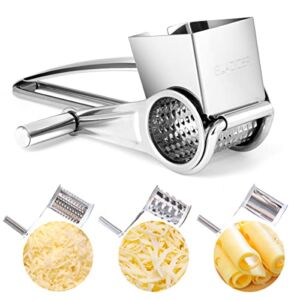 Rotary Cheese Grater Stainless Steel Manual Handheld Cheese Grater Shredder Cutter with 3 Drum Blades Hand Crank Kitchen Tool for Grating Hard Cheese Chocolate Nuts with Gasket