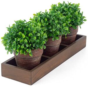 Yongmao 3 Pack Artificial Greenery Eucalyptus Pots Fake Plants Faux Plants Indoor Wood Tray for Table Dining Room Living Room Kitchen Bath Farmhouse Decor