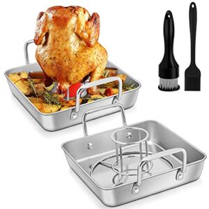 Square Roasting Pan with Beer Can Chicken Holder, Joyfair 9-in Stainless Steel Roaster Baking Pans & Racks for BBQ Grilling/ Home Cooking, Heavy Duty & Dishwasher Safe – (2 Pans + 2 Racks, More Tools)