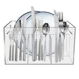 ChengFu Acrylic Utensil Caddy, RV Utensil Caddy, Silverware, Napkin Holder, and Condiment Organizer, 4 Compartments, Organizes Forks, Knives, Spoons, Plates & more, Ideal for Kitchen, Dining, Picnics