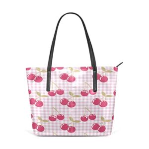 Cherry Fruit Tote Bag for Women, Large Leather Tote Shoulder Bag Handbag with Zipper, 11.8 x 3.5 x 11 inch