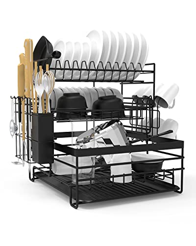 3 Tier Dish Drainer Rack for Kitchen Counter, Large Capacity Dish Drying Rack with Drainboard,Cup Holder,Cutting Board Rack and Cutlery Holder,Detachable Stainless Steel Dish Drying Rack for Kitchen | The Storepaperoomates Retail Market - Fast Affordable Shopping