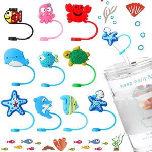 10 Pack Aquatic Creatures Silicone Straw Tips Cover Reusable Drinking Straw Tips Lids Sea Straw Covers Cap Cute Straw Topper Dust Proof Straw Plugs for 6-8 mm Straws Outdoor Home Kitchen Party Decor