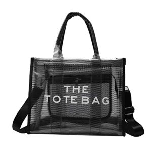 JQAliMOVV Clear Tote Bag for Women – Large PVC Transparent the Tote Bag See Through Shoulder Crossbody Bag Handbag for Travel Beach (Black)