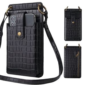 Small Crossbody Cell Phone Purse for Women, Mini Messenger Shoulder Handbag Wallet with Credit Card Slots With makeup mirror Black