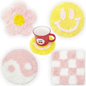 Handmade Preppy Coasters, Tufted Pink Pastel Smily Face Rug Cute Aesthetic Home Room Decor Drinks Coffee Table Gift 4Pcs