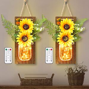 Sunflower Wall Decor Mason Jar Sconces Wall Decor 2 Pcs Rustic Farmhouse Handmade Wall Art Hanging with Remote Control LED Fairy Lights for Home Kitchen Living Room House Bedroom Wall Decorations