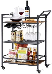 Tajsoon 3-Tier Bar Cart, Mobile Bar Serving Cart, Industrial Style Wine Cart for Kitchen, Beverage Cart with Wine Rack and Glass Holder, Rolling Drink Trolley for Living Room, Rustic Brown