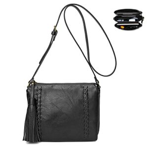 Keyli Small Crossbody Bag for Women Christmas Gifts Waterproof Leather Shoulder Bag 3 Layer Multi Pocket Crossbody Purse Lightweight Adjustable Strap Cross body Cell Phone Purse with Tassel Black