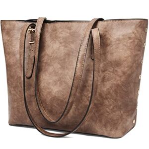 FOXLOVER Vegan Leather Tote Shoulder Bag for Women Large Vintage Satchel Handbag Purse (Brown)
