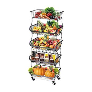 Buruis 5 Tier Stackable Storage Baskets, Metal Wire Fruit Vegetable Basket Organizer Bins with Casters, Adjustable Anti-Skid Feet, Plastic Tray, Utility Rack for Kitchen, Pantry, Bathroom (Black)
