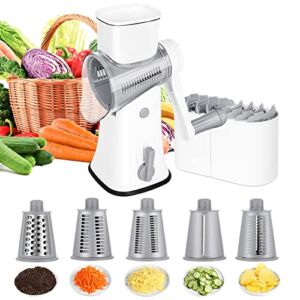 X Home 5-in-1 Rotary Cheese Grater, Upgraded Cheese Shredder with Stronger Suction Base & Multifunctional Drum Blades, Ideal for Vegetables, Nuts, Storage Box, Cleaning Brush & Peeler Attached