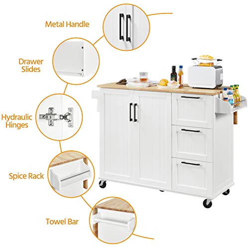Yaheetech Kitchen Cart with Drop-Leaf Countertop, Kitchen Island on 5 Universal Wheels with Storage Cabinet and 3 Drawers for Dinning Room, L53xW18xH36 in, White | The Storepaperoomates Retail Market - Fast Affordable Shopping