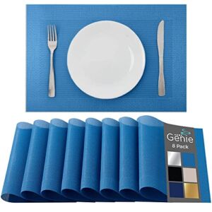 Home Genie Dining Table Placemats Set of 8, Heat, Stain and Water Resistant Woven Vinyl, Indoor and Outdoor Use, Non Fading, Wipeable Easy to Clean, 18″x12″ Place Mats, Kitchen Room Décor Sets, Blue