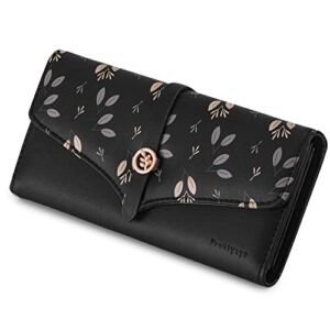 CornerLife Womens Wallet Slim PU Leather with Floral Print Ladies Clutch Organizer Credit Card Holder Trifold Wallets Snap Closure (Black)