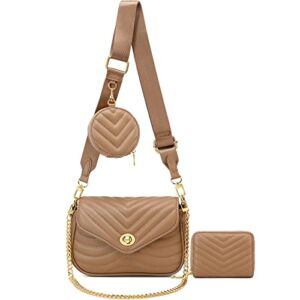 Brown Purse Small Purses 3pcs Sets Crossbody Bags for Women Quilted Shoulder bag for Women Lightweight Cross body Bags Trendy Purse and Handbags