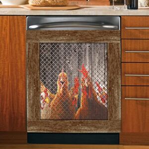 Farm Rooster Hen Dishwasher Magnet Kitchen Door Cover,Country Chicken Refrigerator Magnetic Cover,Vintage Wood Fridge Sticker,Farm Panel Decal for Metal Home Appliance 23″x17″
