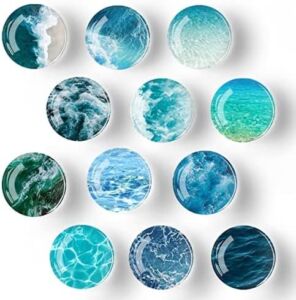 Bamsod 12 PCS Glass Strong Refrigerator Magnets, Ocean Pattern Series Magnets Whiteboard Magnets Glass Fridge Magnets for Office Cabinets Round Fridge Stickers Home Kitchen Decor