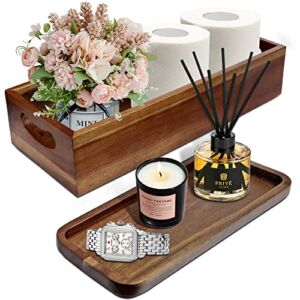 Handmade Toilet Tank Basket Topper & Vanity Tray Set of Natural Acacia Wood by DEMIGO, Created by Skilled Artisans, Smooth, Durable, Attractive Decor for Bathroom, Kitchen, Home, Spa