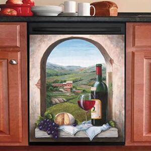 Wine Dishwasher Cover Magnet Kitchen Decor,Country Brick Window Refrigerator Magnetic Door Sticker,Farm Wine Decal for Fridge Home Appliance Panel Cover 23″x26″