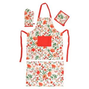 Shop LC Set of 4 Coral & Green Flower Pattern Front Spacious Pocket Breathable Apron Glove Pot Holder & Kitchen Towel