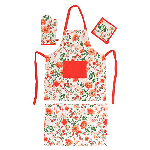 Shop LC Set of 4 Coral & Green Flower Pattern Front Spacious Pocket Breathable Apron Glove Pot Holder & Kitchen Towel | The Storepaperoomates Retail Market - Fast Affordable Shopping