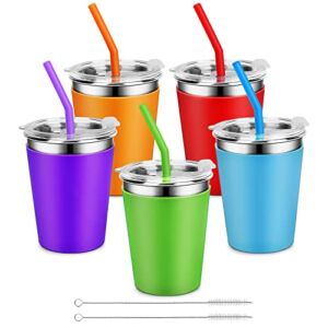 5 Pack Kids Cups with Straws and Lids 12oz Stainless Steel Spillproof Unbreakable Water Drinking Bottle with Non-Slip Heat Insulation Silicone Sleeves for Children Adult School Outdoor Home Use