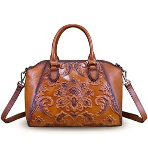 Genuine Leather Satchel for Women Top Handle Bags Handmade Purse Vintage Embossed Leather Crossbody Handbags Hobo Bag (Brown)