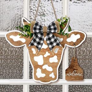 Cow Head Door Wreath Sign Welcome Front Door Hanger Farmhouse Spring Calf Front Porch Decor Cow Gifts Buffalo Plaid Bow Artificial Leaves Welcome Home Decorations for Restaurant Wall, 13.4 x 11 Inches