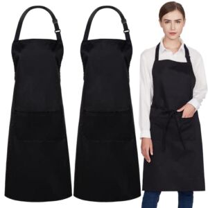 Jubatus 2 Pack 65% Polyester/ 35% Cotton Adjustable Bib Apron with 2 Pockets Extra Long Ties Aprons for Women Men Chef Kitchen Cooking Baking, Black