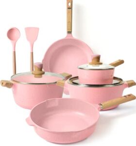 YIIFEEO Cookware Set, Nonstick Pans and Pots Sets, Stone Non Stick Frying Pans and Saucepan Sets with Cooking Utensils,Induction Compatible (Pink)