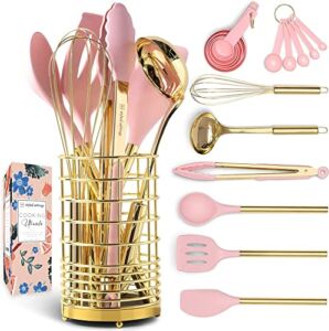 Gold & Pink Kitchen Utensils Set -17 PC Pink Silicone and Gold Cooking Utensils Set Includes: Gold Utensil Holder, Pink Measuring Cups and Spoons Set, Gold Kitchen Utensils – Pink Kitchen Accessories