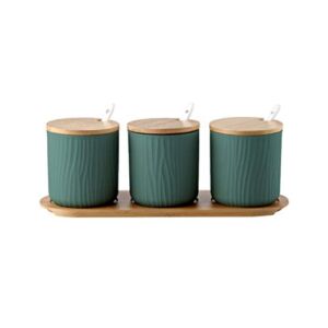 DOITOOL 9. 5×28. 5cm Ceramic Sugar Bowl Set Nordic Style Condiment Spice Jar Container with Spoons Wooden Serving Tray for Home Kitchen Green