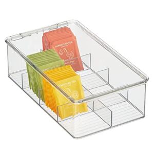 mDesign Plastic Stackable Tea Bag Organizer Storage Bin with Lid for Kitchen Cabinets, Countertops, Pantry – Container Holds Beverage Bags, Cups, Pods, Packets, Condiment Accessories – Clear