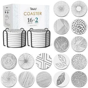 Absorbing Stone Coasters for Drinks Cork Base, with 2 Holder, for Housewarming, Apartment Kitchen Room Bar Decor, Suitable for Wooden Table, Set of 16 (Grey)