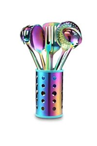 Marco Almond® Kitchen Utensil Set, Stainless Steel Cooking Utensils Sets with Titanium Plated, 7 PCS Kitchen Turner, Serving Spoon, Ladle, Skimmer Spoons, Fork, Pasta Server and Holder, Rainbow