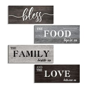 Creoate 4 Pieces Bless Food Family Love Signs for Kitchen Wall Decor Plaque, Home Farmhouse Rustic Decor, Wood Wall Hanging Decorations for Dining Room Kitchen, Christmas Gift for Home, Small (4 x 10 IN X4)