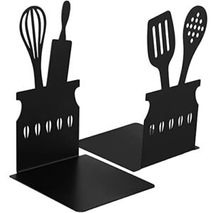 Black Kitchen Bookends 5.9 x 3.9 x 3.9 Inch Spoon Decorative Cookbook Metal Book Ends with Non-Slip Mat Metal Cookbook Storage Books Stoppers Metal Kitchen Cookbook Holder for Shelves Kitchen Book