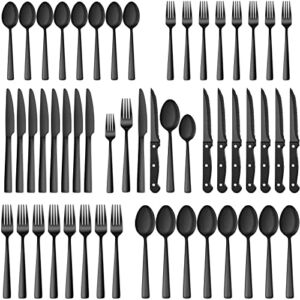 48-Piece Black Silverware Set with Steak Knives, Yoehka Stainless Steel Black Flatware Cutlery Set for 8, Durable Home Kitchen Eating Tableware Set, Include Fork Knife Spoon Set, Hand Wash Recommended