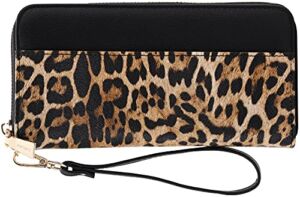 Vegan Leather Slim Single-Zipper Wallet with Pocket, Wristlet and Tassel Accent (Leopard Black)