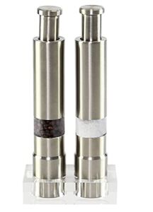 HOME-X Stainless Steel One Hand Thumb Push Button Salt and Pepper Grinder with Stand-Set of 2-Modern Fresh Pepper, Sea Salt,Himalayan Salt
