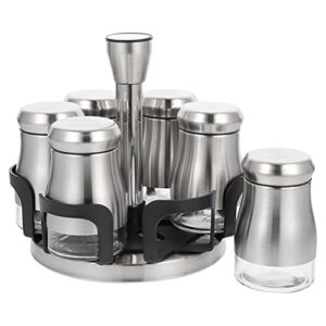 FRCOLOR 6pcs Stainless Steel Seasoning Jar Set Kitchen Salt Pepper Shaker Seasoning Jar Dispenser with Holder Rack for Home Kitchen Restaurant (Silver)