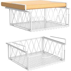 Under Shelf Basket, Bextsrack 2 PACK Sliding Wire Rack with Plastic Pad for Hanging Storage Basket, Under Cabinet Organizer for Kitchen Pantry Desk Bookshelf – White
