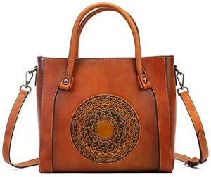 Genuine Leather Handbag for Women,Retro Embossing Mandala Design Purse Organizer Vintage Handmade Crossbody (3299 brown)