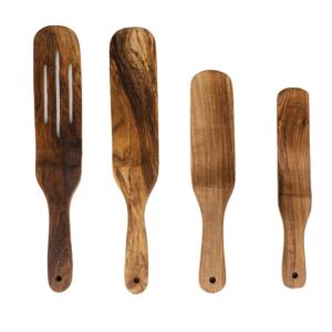 As Seen On TV Spurtle Kitchen tool set of 4 Pcs-USA made Acacia Wood Spoon for Cooking-Heat Resistant Hanging Hole wooden cooking utensil for Non-Stick Cookware for Stirring, Mixing