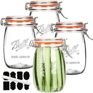 Wide Mouth Glass Jars with Airtight Lid 32OZ 4 Pack,Glass Kitchen Storage Mason Jars with Hinged Lid,Large Clear Storage Canister Jars with Measurement Marks For Canning,Coffee,Flour,Sugar,Beans