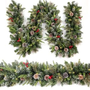 HomeKaren Christmas Garland Snowy 9ft with 50 Lights, Christmas Decor with 50 Led Light Timer for Mantle Staircase Indoor and Outdoor